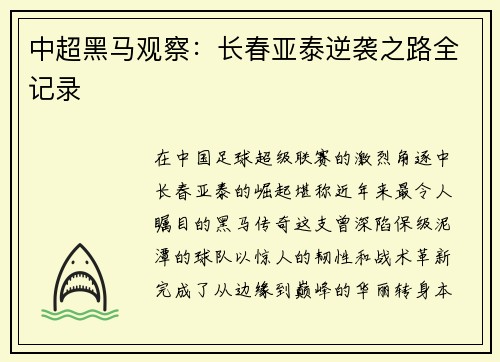 中超黑马观察：长春亚泰逆袭之路全记录